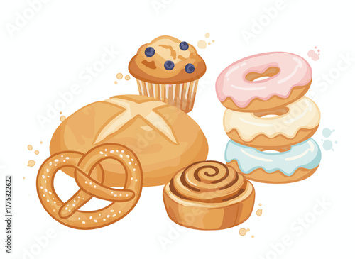 A hand‑drawn vector illustration of a collection of breads and homemade baked goods—loaf, bun, baguette, toast, muffin, pretzel, waffle—in various shapes, sizes, and types, set against a white
