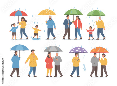 A group of small men and women strolling beneath umbrellas on a rainy autumn day, set against a blue backdrop, rendered as a vibrant vector illustration in a contemporary flat style