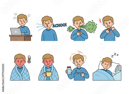 A boy suffering from influenza shows cold symptoms, sneezing, coughing, a runny nose, headache, fever, sore throat, depicted in a flat vector illustration on a white background