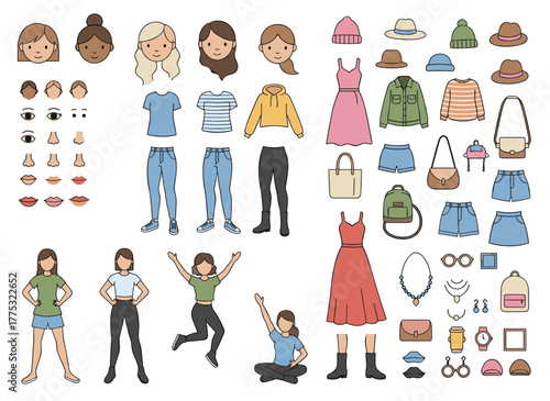 A young hipster girl in a trench coat, part of a creation set or DIY kit, featuring body parts, stylish clothing, trendy accessories, and emotions, presented as a female cartoon character with front