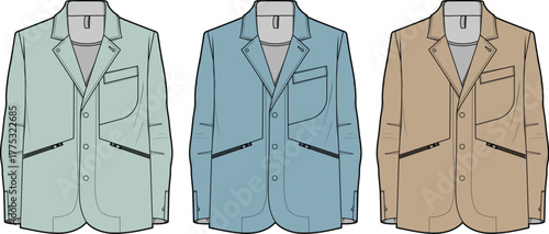 Modern Men's Blazer Collection Flat Technical Drawing Featuring Stylish Jackets in Various Contemporary Colors for Fashion Design and Apparel Mockups