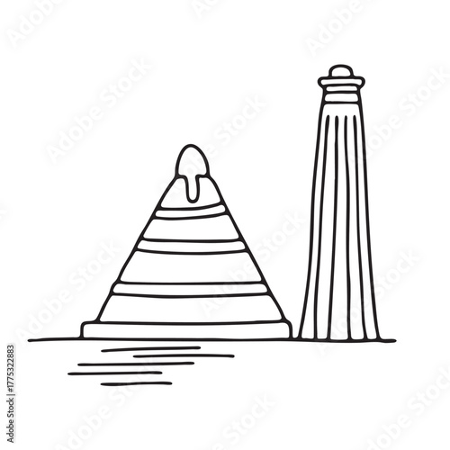 A ziggurat beside a shadow cast by a tall pillar