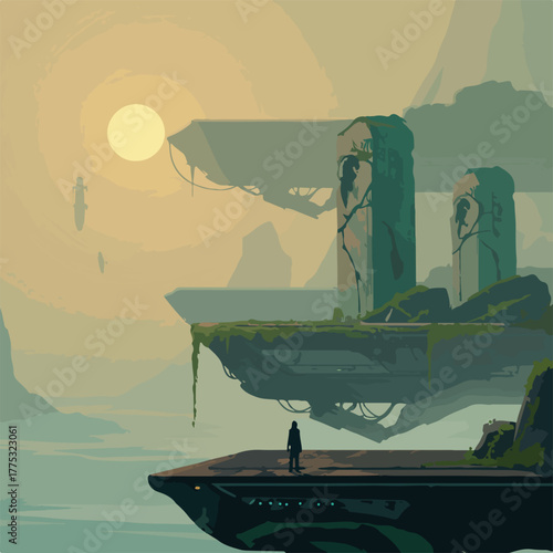 A person standing on a futuristic platform with a serene landscape and a large sun in the background, conveying a sense of solitude and contemplation with muted green and yellow tones.