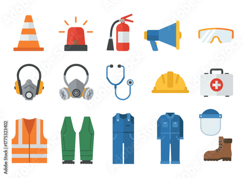 A set of safety and security icons featuring work helmets, gloves, vests, cones, alarm signs, caution and warning symbols for personal occupational protection, presented as flat vector illustrations