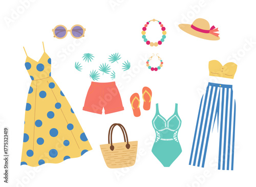 A vector flat illustration showcasing a collection of stylish summer clothing for vacation or beach, featuring colorful shoes, dresses, trousers, shirts, swimsuits, and accessories against a white