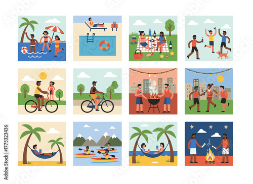 A vibrant flat‑cartoon vector illustration showcasing a range of summer vacation activities—hiking, swimming, sunbathing, diving, and sightseeing—captured during an adventurous trip or journey