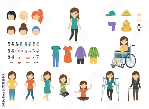 A young disabled woman in a wheelchair, presented as a constructor or DIY kit, includes body parts, facial expressions, crutches, and a walking frame, shown as a female cartoon character from front