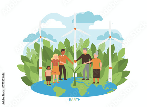 Illustration of a team of ecologists dedicated to protecting the planet, employing eco‑friendly and sustainable technologies, and promoting green renewable energy, rendered in flat vector style
