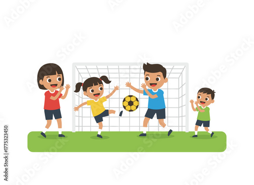 A joyful, energetic family enjoying a football or soccer match outdoors, with children and parents sharing summer moments, depicted as a colorful flat vector illustration set against a white