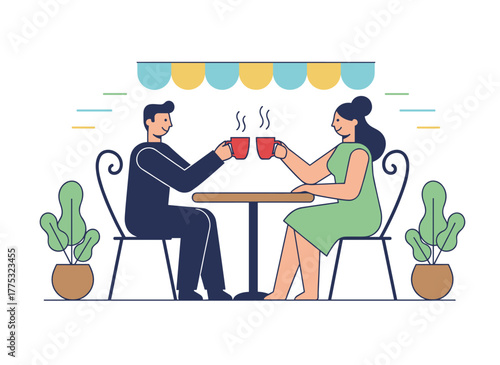 A charming couple sits at a table, sipping tea or coffee and chatting, a young, humorous man and woman on a date in a cafe, depicted in a flat cartoon vector illustration
