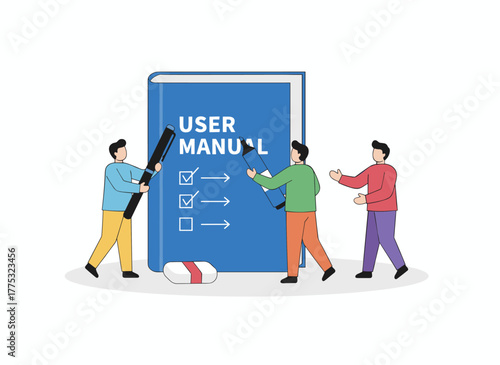 Miniature figures or executives attempt to open an enormous user manual, while small men and women confront a vast software guide or technical document, depicted in a vibrant, modern flat cartoon