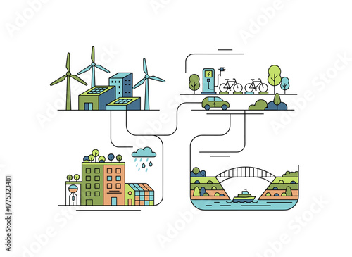 A collection of urban scenes featuring an eco-friendly city that employs contemporary green technologies such as wind power, solar energy, and electric transport, rendered as a monochrome line‑art