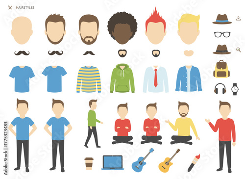 A DIY kit featuring a fat man creation set, with a collection of flat cartoon character body parts, facial expressions, and trendy hipster clothing, all isolated on a white background and shown from