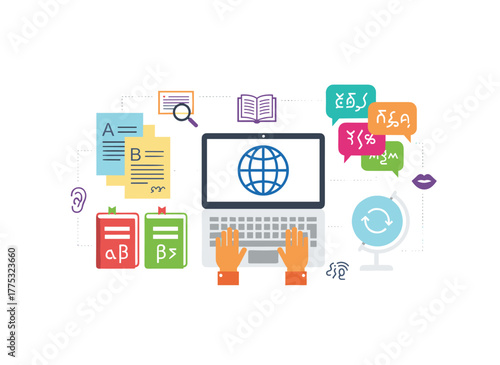 A horizontal banner depicting hands typing on a laptop keyboard while writing on paper, illustrating the work of a linguist or translator translating foreign languages, rendered as a colorful vector