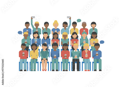 Back view of the audience, with a group of people seated on chairs during a seminar or training, as the auditorium captures a photo with a phone and someone raises their hand at a public event