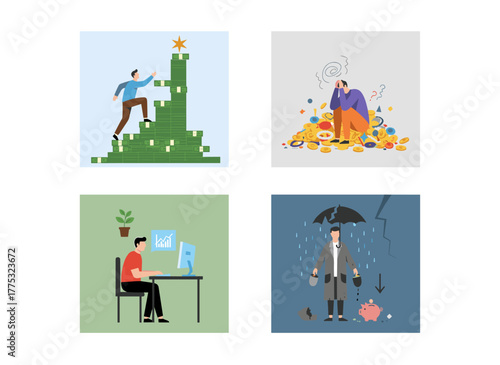A flat vector cartoon illustration on a white background depicting a group of wealthy and poor individuals, highlighting disparities in salary, income, and career growth, illustrating the concept of
