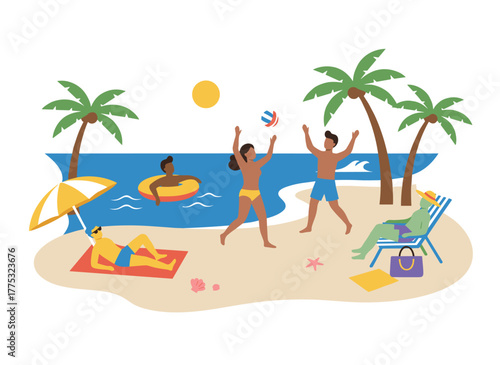 Individuals recline on towels or blankets by the beach or seashore, sunbathing, reading, and chatting, while men, women, and children unwind at a summer resort, engaging in recreational activities in