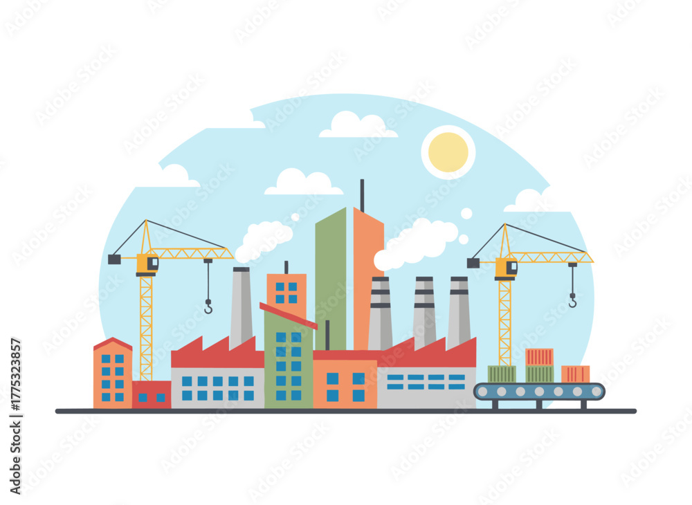 Fototapeta premium A flat, colorful vector illustration of an industrial zone featuring factories, manufacturing plants, power stations, warehouses, and cooling towers set against city buildings, suitable for a banner