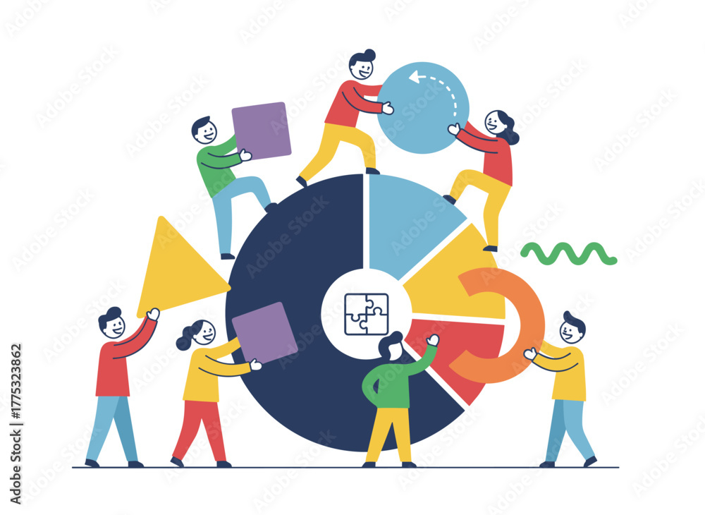 Naklejka premium Illustration of a flat vector background featuring abstract people and geometric shapes, depicting the concept of coworking, business partnership, analytics, or teamwork, where colleagues collaborate