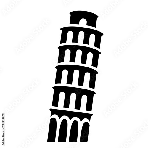 Leaning Tower of Pisa icon, black silhouette isolated on white. Minimalist sign in stencil style. Simple vector clipart shape for italian sights or landmark illustration, graphic and web design.