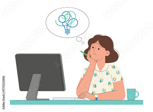A cheerful individual daydreaming at work, a creative woman brainstorming and imagining while using a computer, and a thoughtful designer generating ideas in a flat vector illustration set against a
