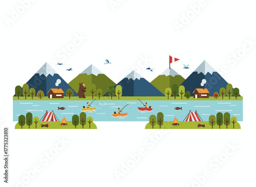 A horizontal banner featuring a trail map, hiking route, or footpath adorned with tourist spots, campgrounds, and landmarks highlighted by flags, rendered as a colorful flat cartoon vector