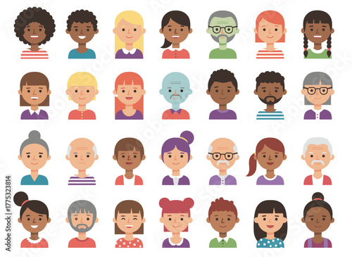 A set of cheerful children's head portraits featuring cute smiling avatars of preschool and school-aged boys and girls from diverse backgrounds, rendered as flat vector illustrations on a white