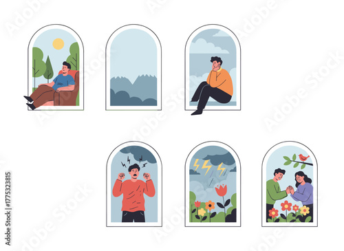 Neighbors sharing items and assisting one another through open house windows, embodying a strong community, unity, mutual aid, and support, depicted as a colored flat vector illustration on a white