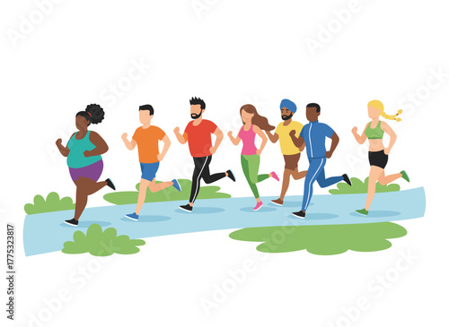 A group of joggers, portrayed as sporty characters, train together in a park, running as a crowd of runners exercise outdoors in nature, shown in a flat vector illustration on a white background