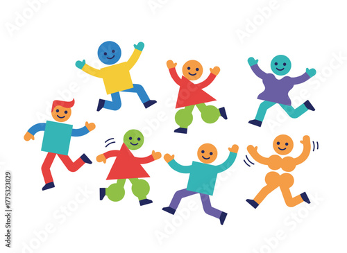 Joyful individuals sway to music while wearing headphones and earphones, featuring a diverse group of contemporary men and women dancing with delight, rendered as a flat vector illustration on a