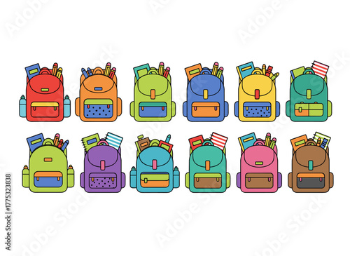 A vector illustration showcasing a collection of child-friendly school backpacks and bags, complete with stationery, notebooks, and textbooks set against a white background, featuring stylish