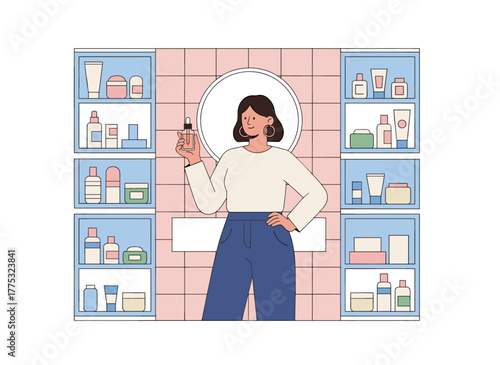 Illustration of a female shop assistant choosing natural cosmetics and eco-friendly products in a store, featuring a cartoon character, a toiletry assortment, and a lady selecting skincare, makeup