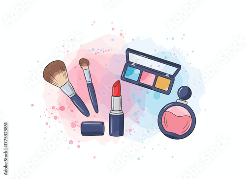 A horizontal background featuring fashion cosmetics, makeup artist items, and watercolor accents, illustrated in vector hand‑drawn style with a space reserved for text