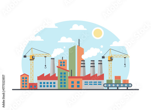 A flat, colorful vector illustration of an industrial zone featuring factories, manufacturing plants, power stations, warehouses, and cooling towers set against city buildings, suitable for a banner