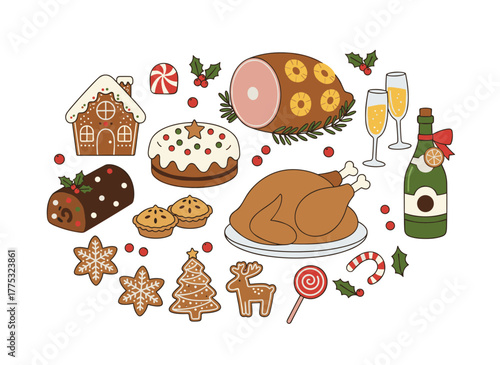 A flat vector illustration of a Christmas food set featuring festive dishes for a winter holiday meal, including turkey, sweet desserts, pie, gingerbread, hot drinks, and other treats for an Xmas