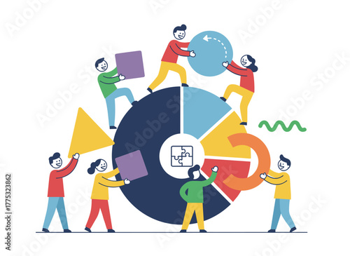 Illustration of a flat vector background featuring abstract people and geometric shapes, depicting the concept of coworking, business partnership, analytics, or teamwork, where colleagues collaborate