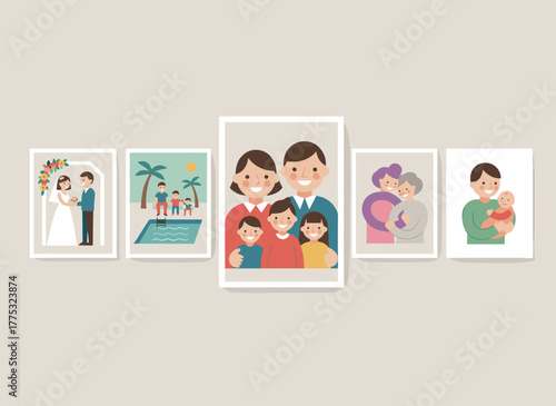 A collection of framed family portrait photographs capturing joyful parents and children during significant life moments, depicted as colored flat vector illustrations of photos or snapshots