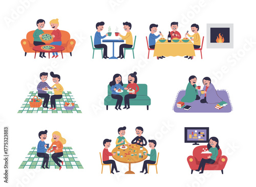 Illustration of men and women enjoying delivered meals, fast food, pizza, and cake while eating at home, in a cafe, or outdoors, presented as a colored flat graphic vector on a white background