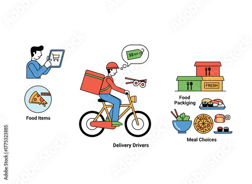 Illustrated scenes depicting a takeaway food delivery service, featuring a mobile app for online orders, pizza delivery personnel on scooters and bicycles, rendered as a flat vector cartoon on a