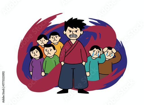 A self-centered young man is ostracized by society due to his irritating conduct, exploring a psychological issue and interactions with a disagreeable, harassing individual, depicted in a flat-style