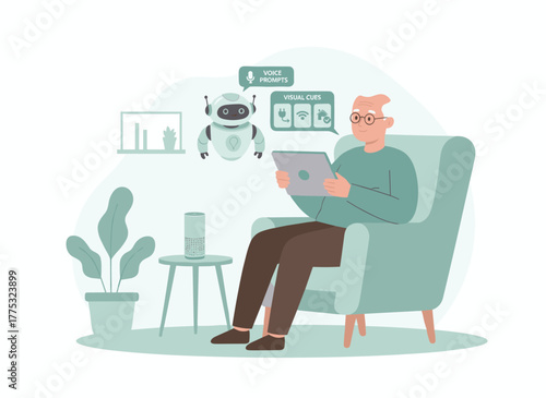 Illustration of an online chat with a chatbot, where a robot answers customer queries in a chatbot service, depicting a dialogue between an AI assistant and a user in a messenger, rendered as a flat
