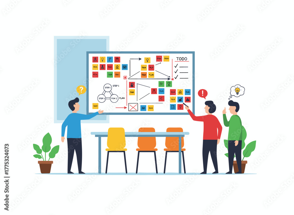 Fototapeta premium A magnetic whiteboard featuring a table, notes attached with magnets, and hands holding a pen and pencil; ideal for daily planning, scheduling, and timetables, depicted in a colorful flat vector