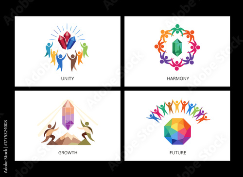A set of vector illustrations shows teamwork and target aspirations, while teamwork, cooperation, and competition drive the pursuit of goals, and company staff, colleagues, and people aim for crystal