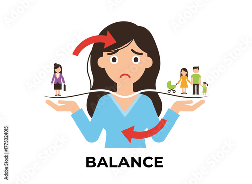 A woman weighing family or parenting duties against career or professional success, facing a tough decision, searching for balance, depicted in a flat cartoon vector illustration