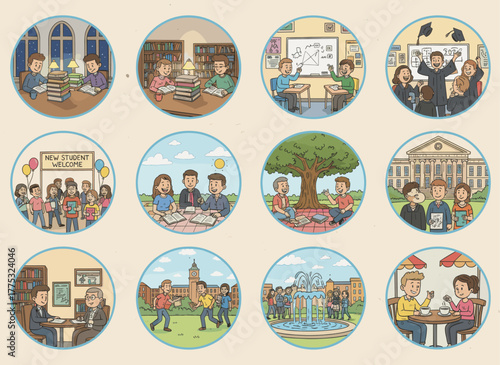 A set depicting university students' lives, showing learners studying, communicating, and attending libraries, classrooms, lectures, and exams, rendered as flat vector illustrations on a white