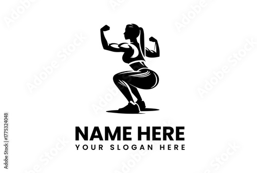 Silhouette of a muscular fitness girl doing a squat workout. Vector illustration logo template for gym branding. 56