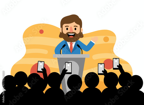 A confident businessman stands behind a podium delivering a successful speech, smiling as he addresses a crowd, illustrated in flat vector style