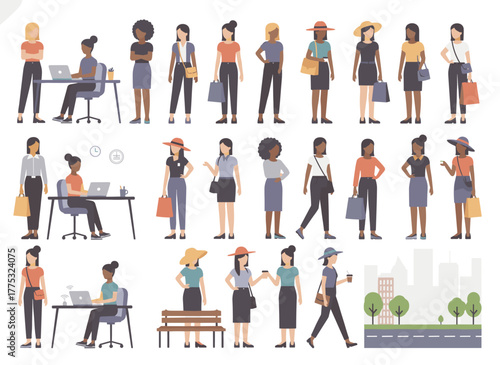 A DIY or animation kit featuring an African American woman in roles such as secretary, manager, or office assistant, with isolated female character body parts and formal attire on a white background