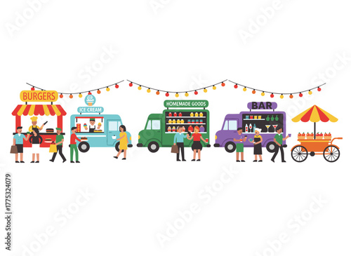 A summer street food festival outdoors, with people strolling between food vans, purchasing meals, eating, drinking, taking selfies, and chatting, depicted as a flat, colorful cartoon vector