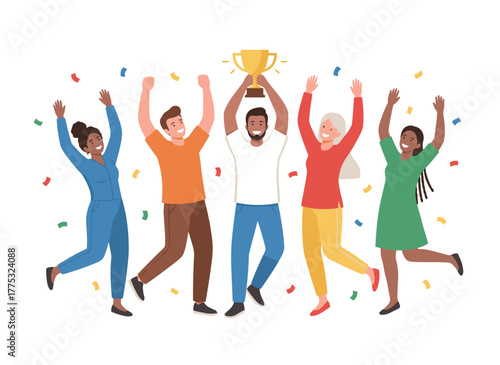 A group of cheerful young men and women holding a championship trophy, set against a white background, celebrating their victory together in a successful team effort, depicted in flat vector style